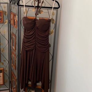 Summer dress with ruched bodice, beaded halter.